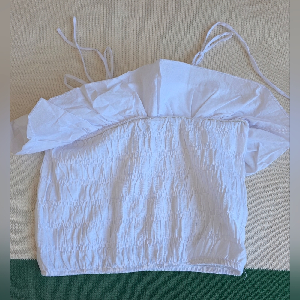 Zara White Ruffled Smocked Crop Top w Off-Shoulder Tie Straps NEW S Med - Picture 4 of 9